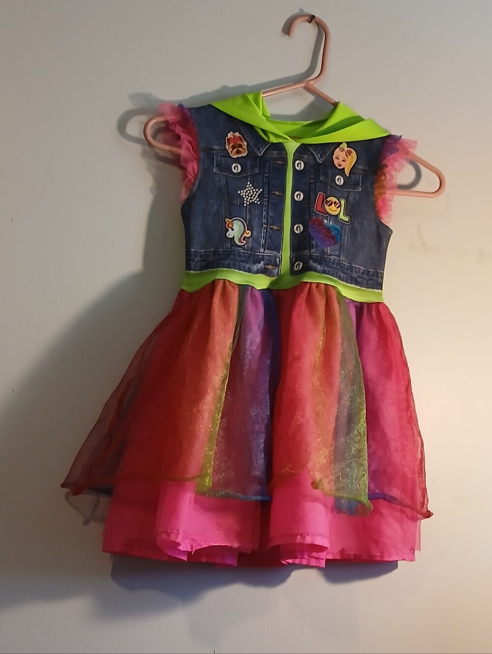 Nickelodeon Kids Rainbow Tulle Dress with Denim Vest and Neon Hood. Size 6-6X